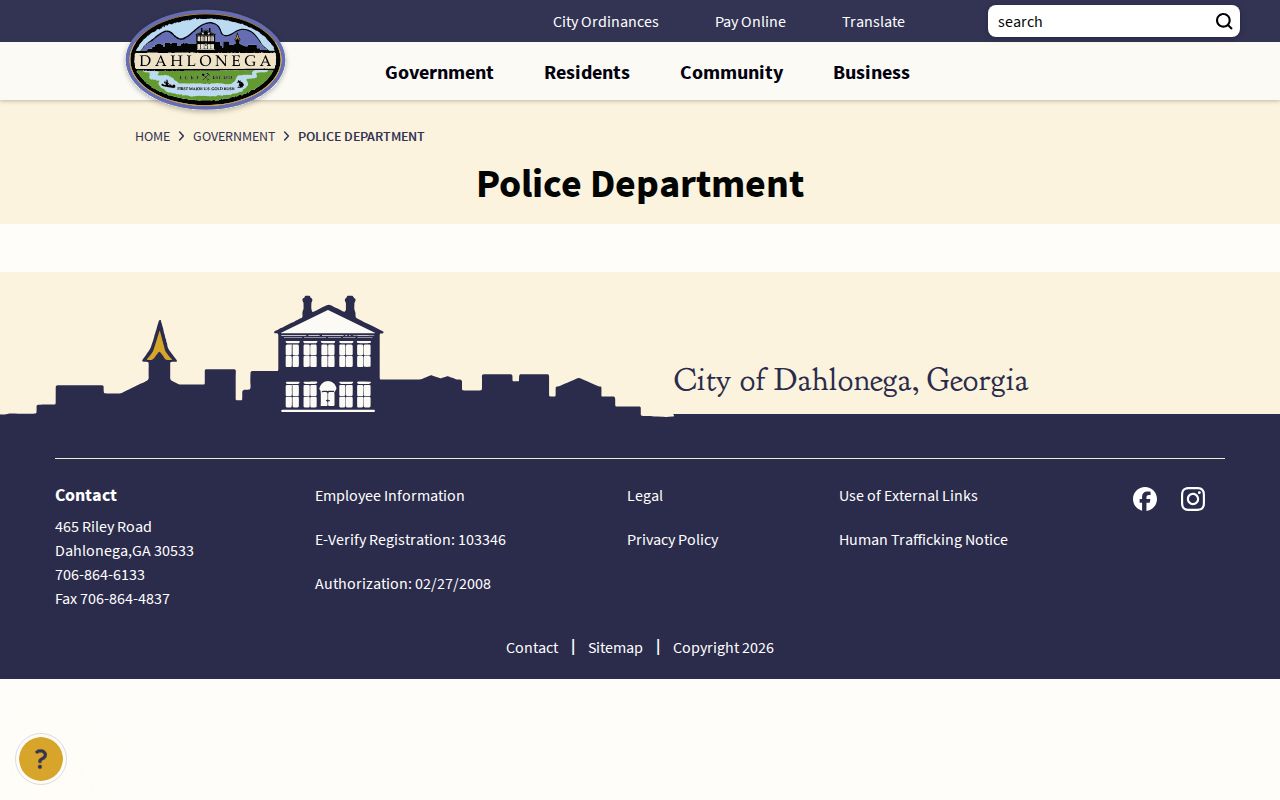 Lumpkin County Dahlonega Police Department page for city police records