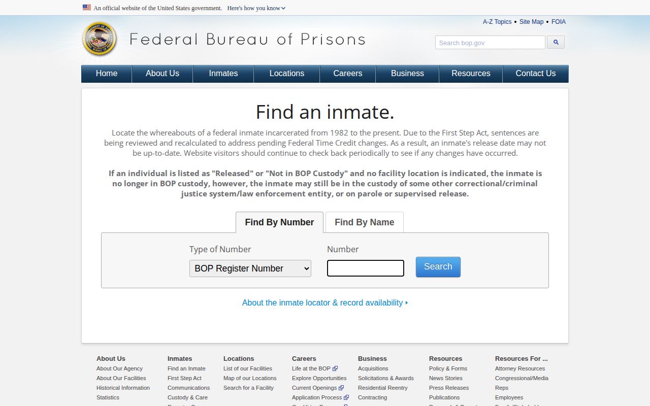 Federal BOP inmate locator for records separate from Lumpkin County custody