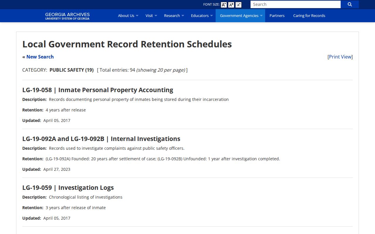 Georgia Archives jail booking records retention schedule for Lumpkin County records