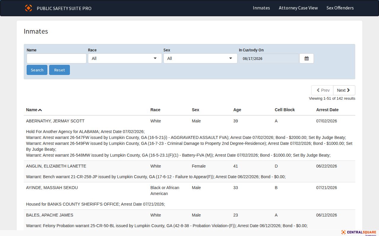 Lumpkin County current custody roster search fields
