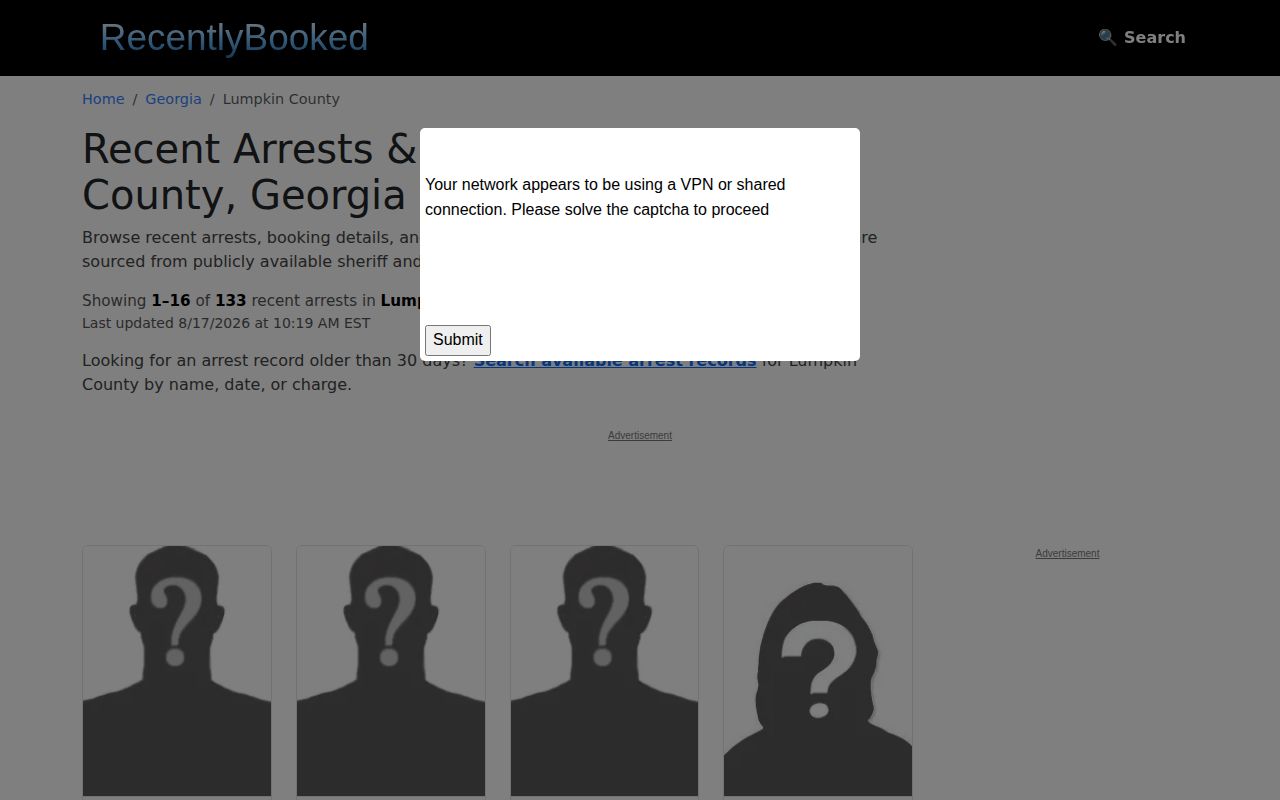 RecentlyBooked Lumpkin County arrest listing without county mugshot images