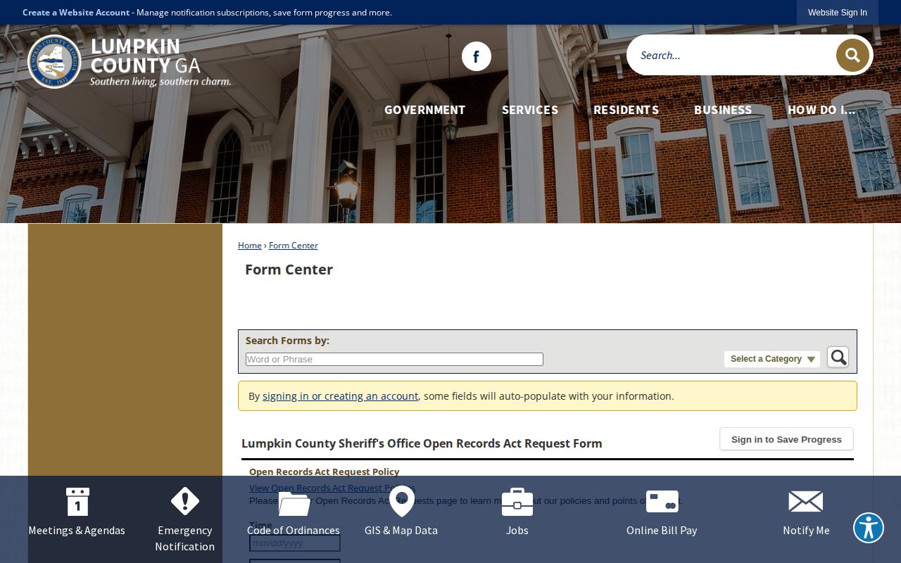 Lumpkin County Sheriff's Office open records request form for booking records