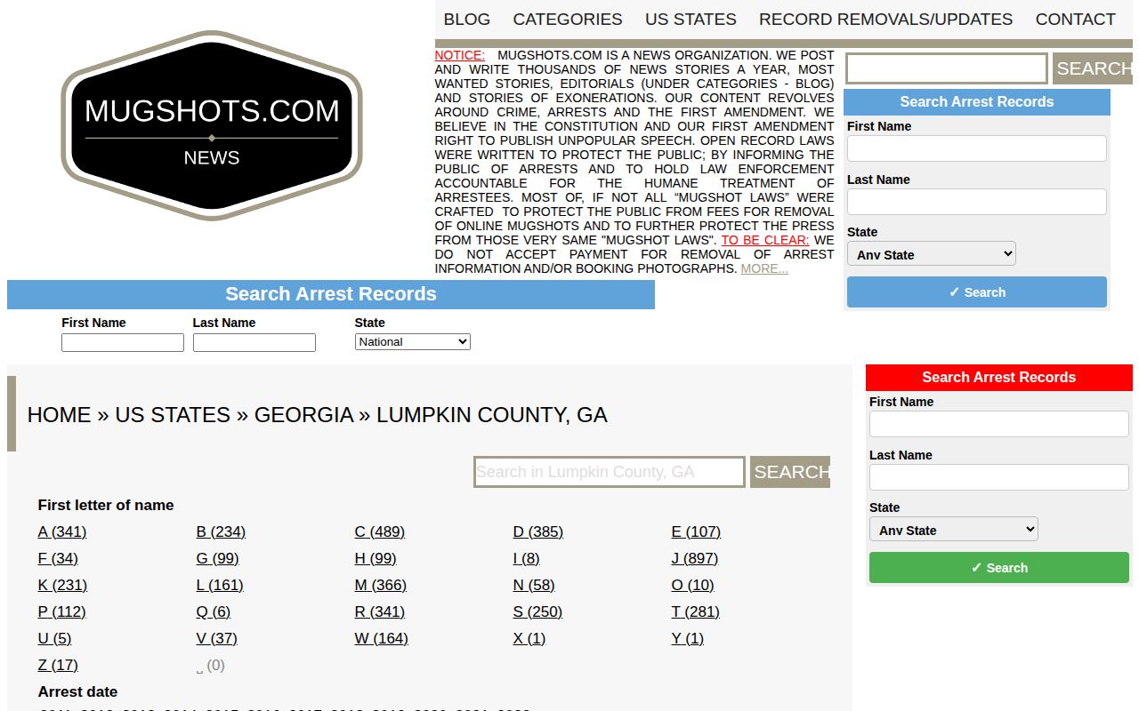 Lumpkin County Mugshots.com legacy arrest archive